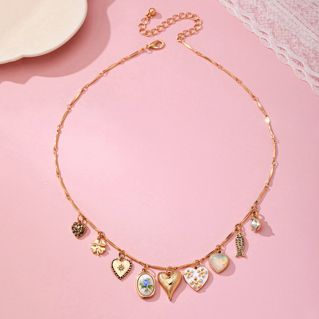 CHARM NECKLACE-HEARTS PORCELAIN FISH RHINESTONE |  GOLD