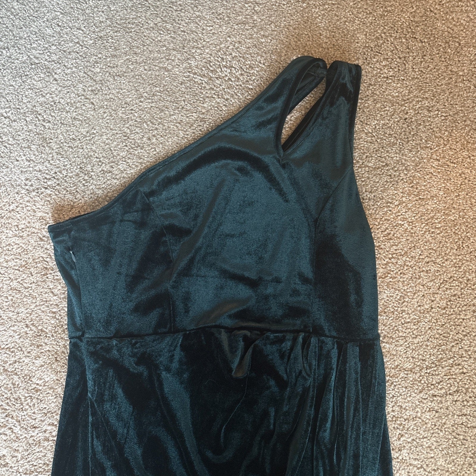 MEROKEETY One Shoulder Ruched Bodycon Velvet-like Holiday Green Dress Slit LG