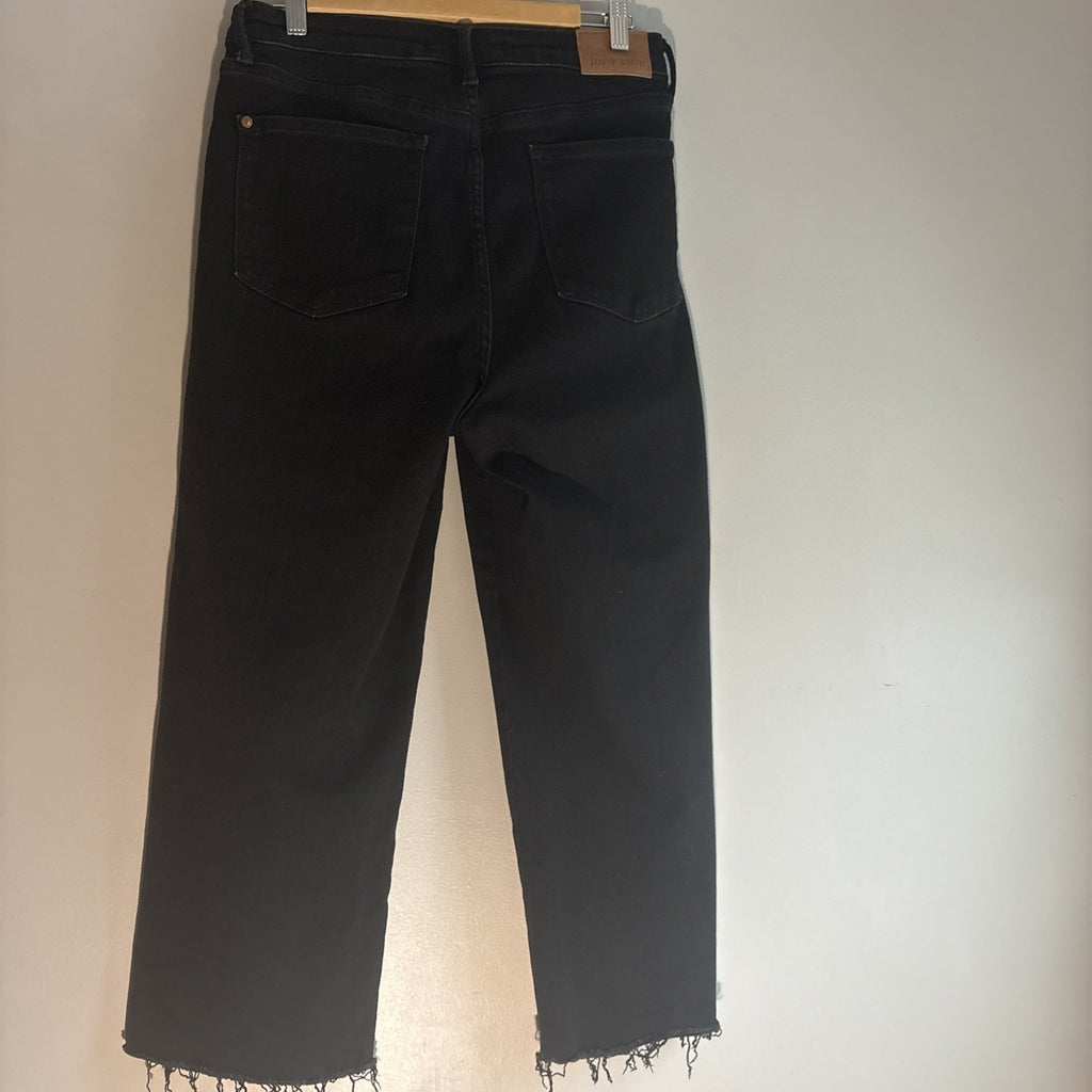 Judy Blue Jeans Women 31 Black Wide Leg Crop High Waist Stretch Boho Raw Hem
