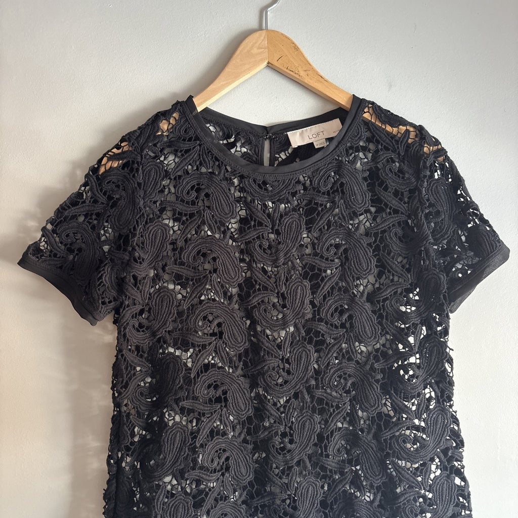 Ann Taylor Loft Womens Top SP Petite Black Round Neck Short Sleeve See Through