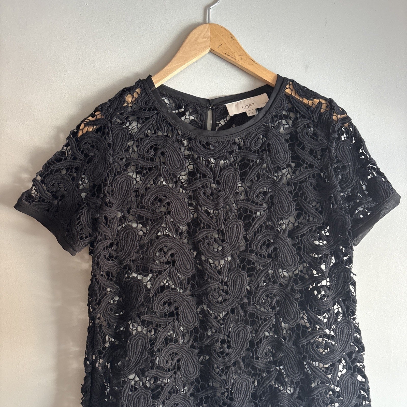 Ann Taylor Loft Womens Top SP Petite Black Round Neck Short Sleeve See Through