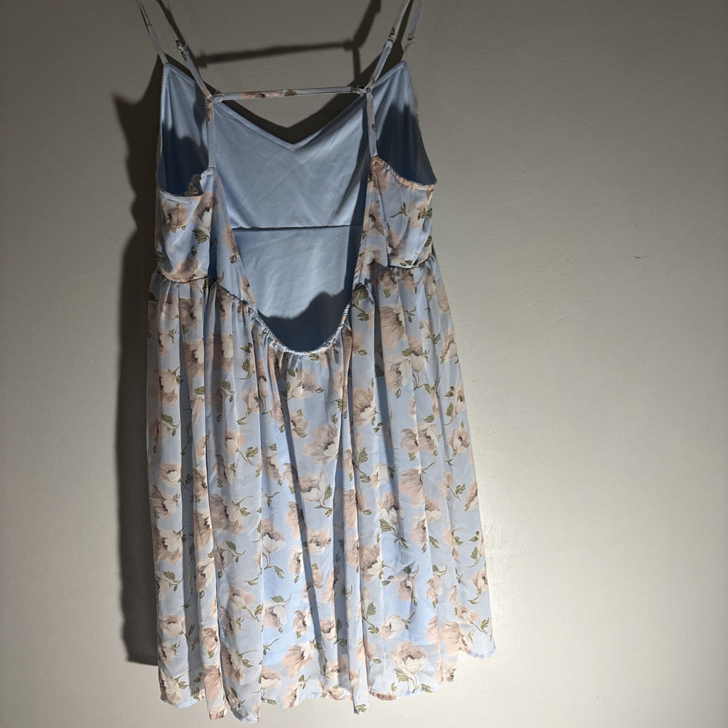 Light Blue & Blush Floral Mini Baby Doll Dress Sz S Open Back Spaghetti Strap
