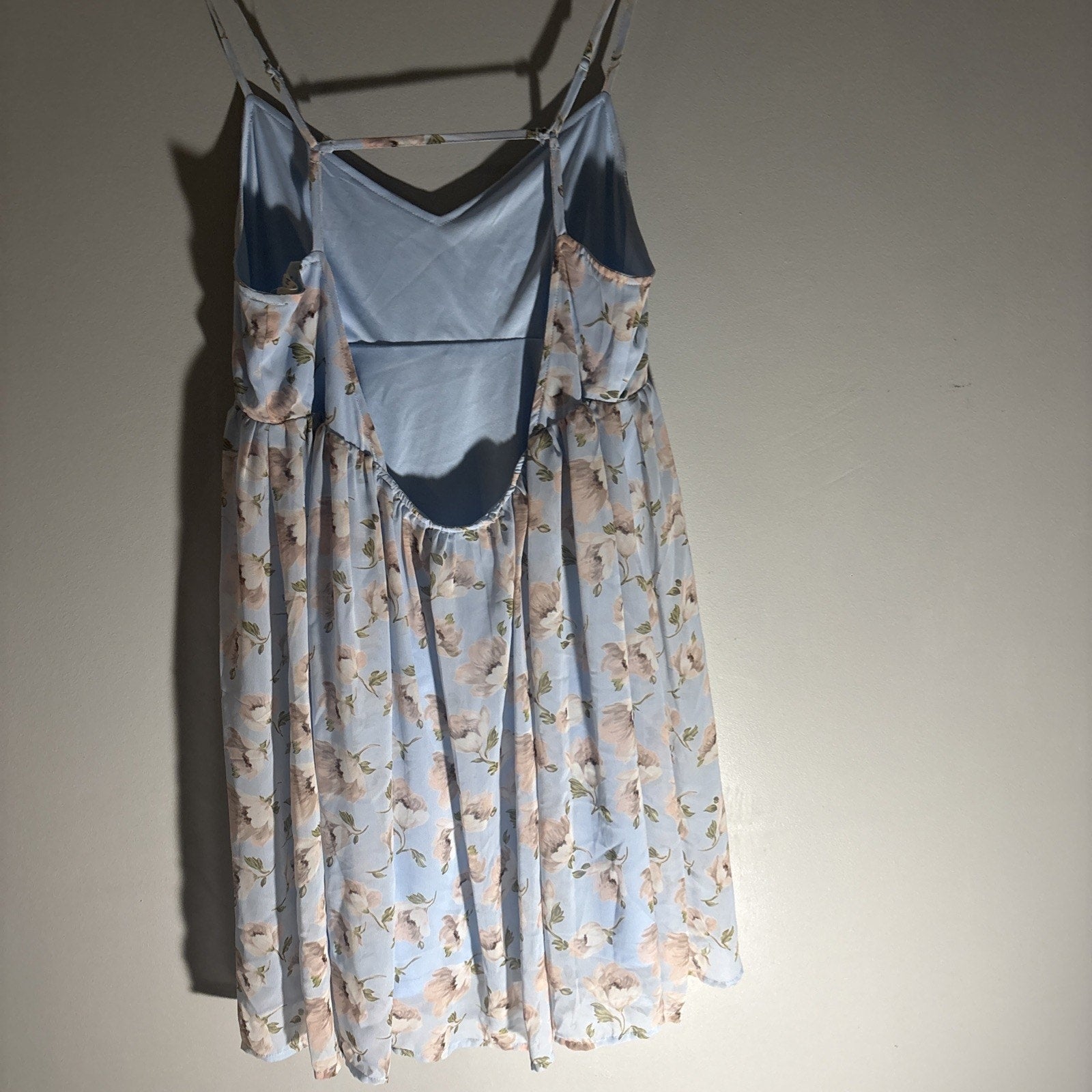 Light Blue & Blush Floral Mini Baby Doll Dress Sz S Open Back Spaghetti Strap
