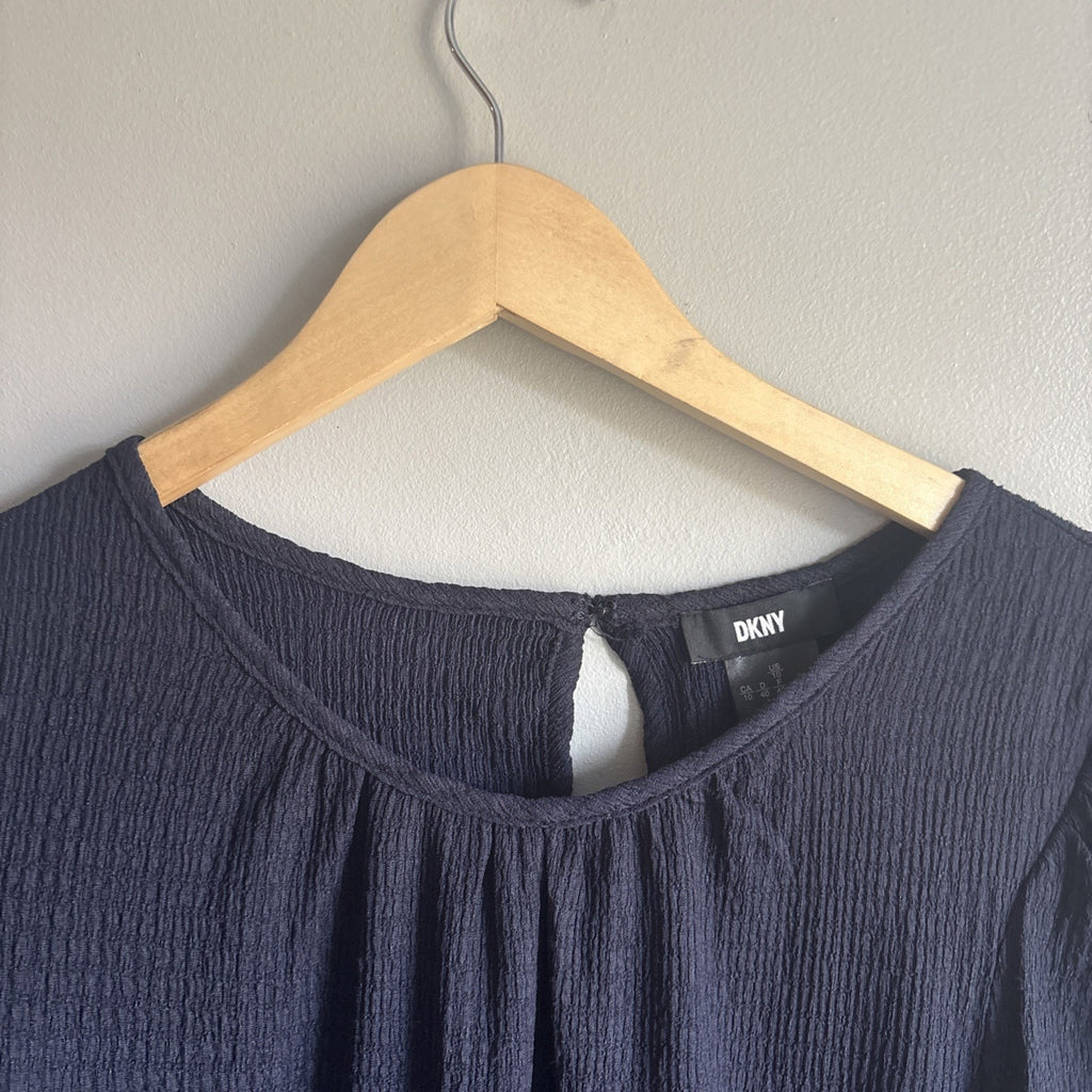 DKNY Blue Navy Short Puff Sleeve Trapeze Dress Size 10 Crinkle Fabric