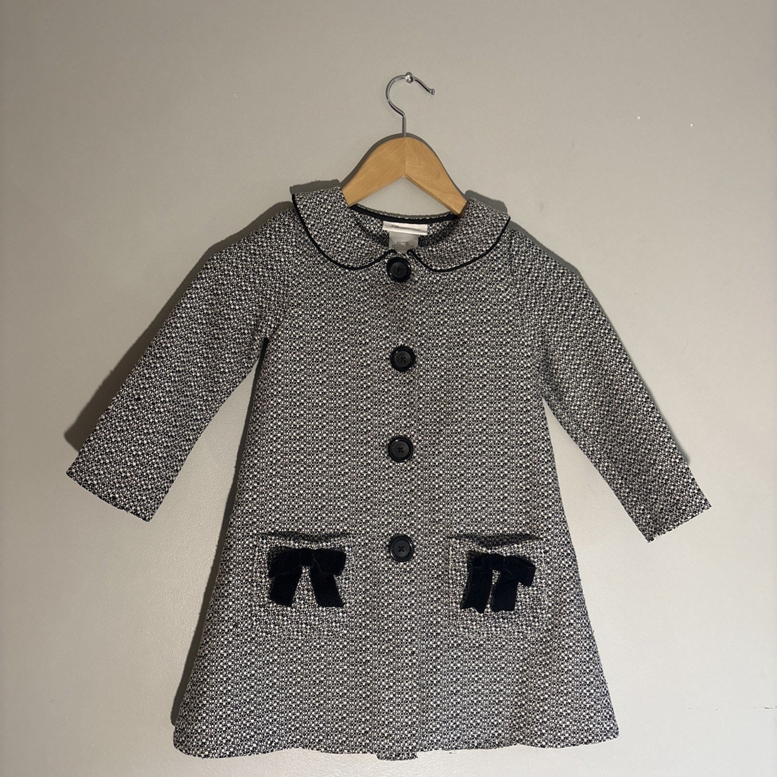 Vintage BONNIE JEAN TODDLER Coat Black Tweed, Velvet Bows. Lightweight. ￼Sz 4T