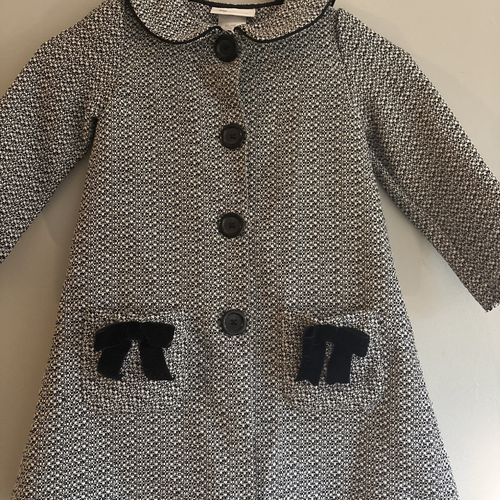 Vintage BONNIE JEAN TODDLER Coat Black Tweed, Velvet Bows. Lightweight. ￼Sz 4T