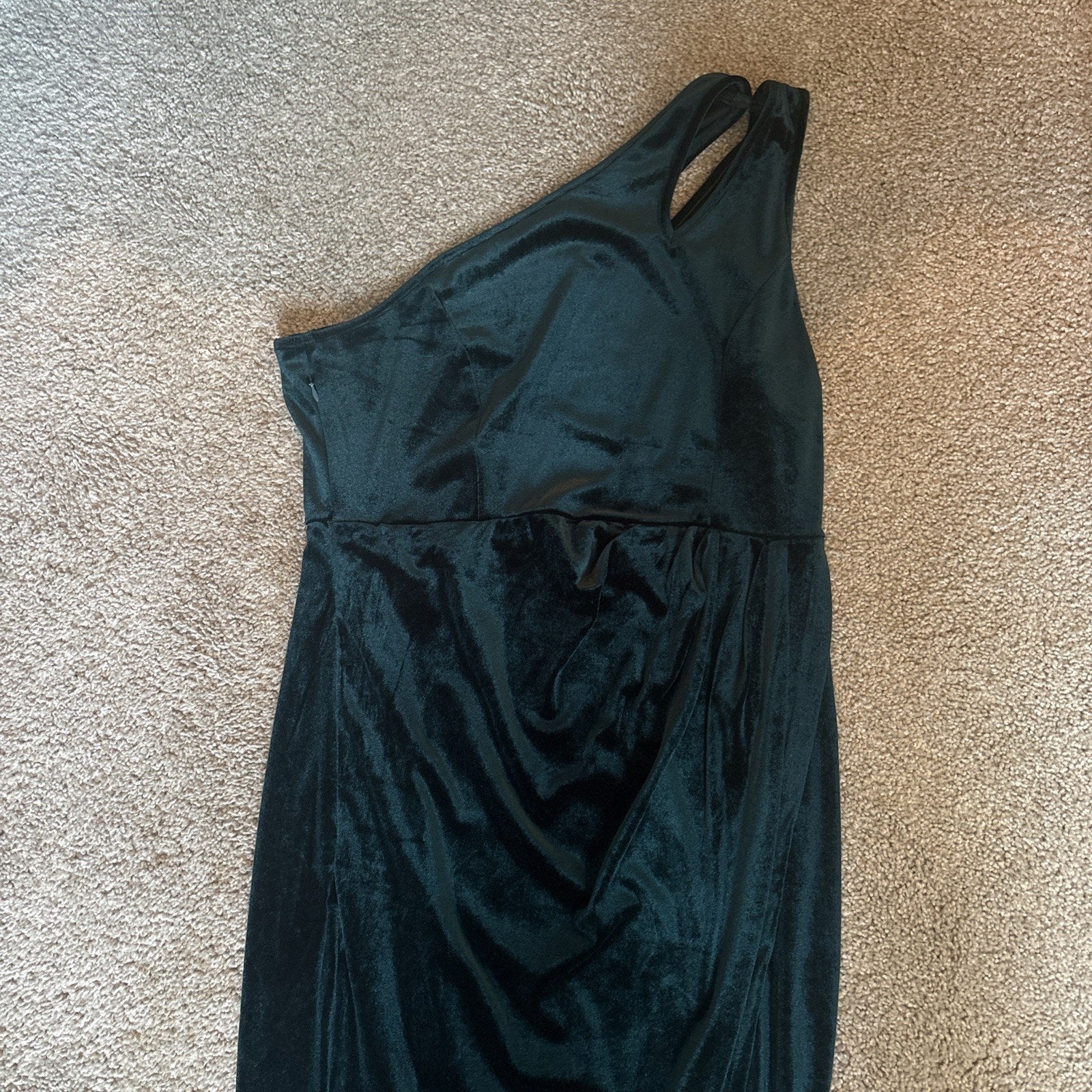 MEROKEETY One Shoulder Ruched Bodycon Velvet-like Holiday Green Dress Slit LG
