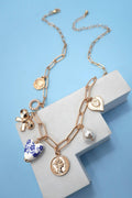 CERAMIC PORCELAIN BOW HEART CHARM LINK NECKLACE |  Gold