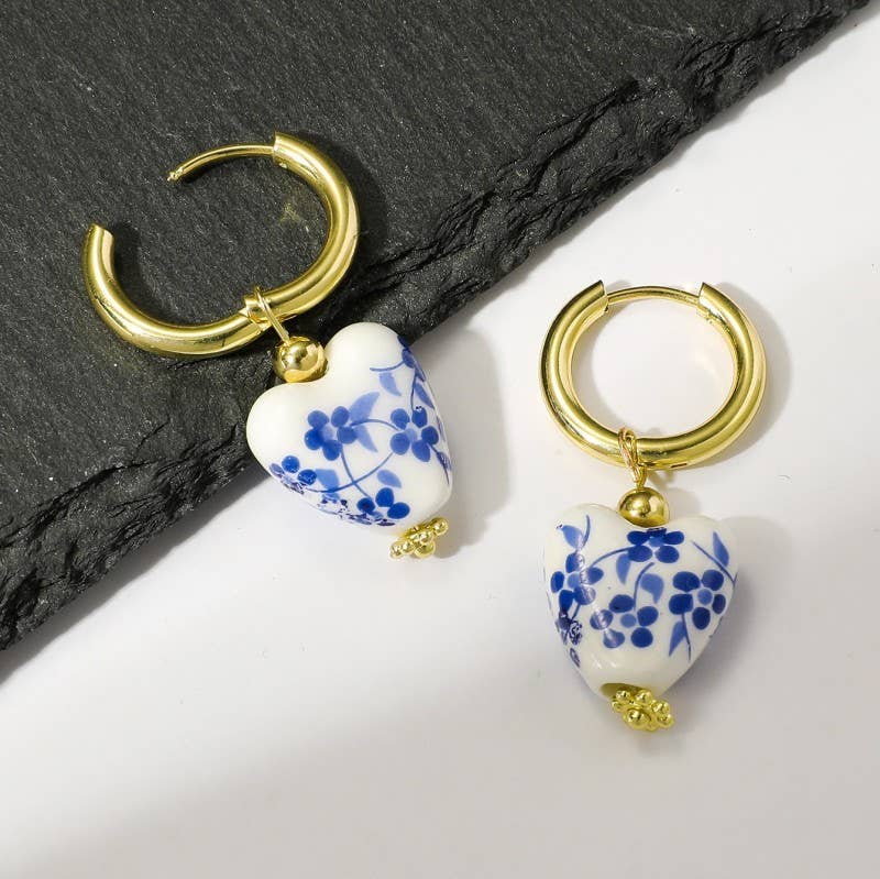 BLUE CERAMIC PORCELAIN  GOLD PEARL DROP EARRINGS