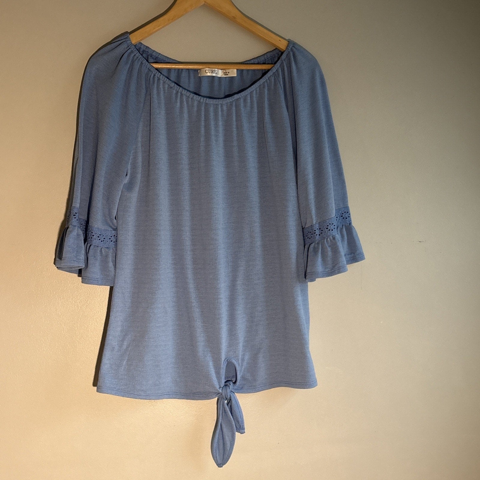 Blue Women’s Blouse Tie Front Ruffle Sleeves 3/4 Size L Free Shipping
