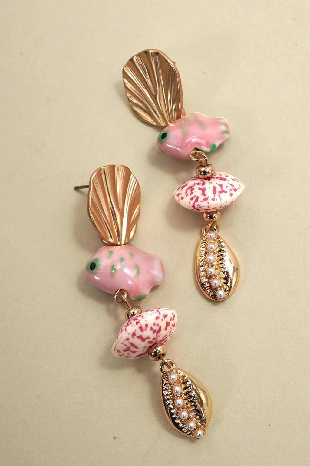 PINK CERAMIC PORCELAIN FISH DROP EARRINGS | GOLD
