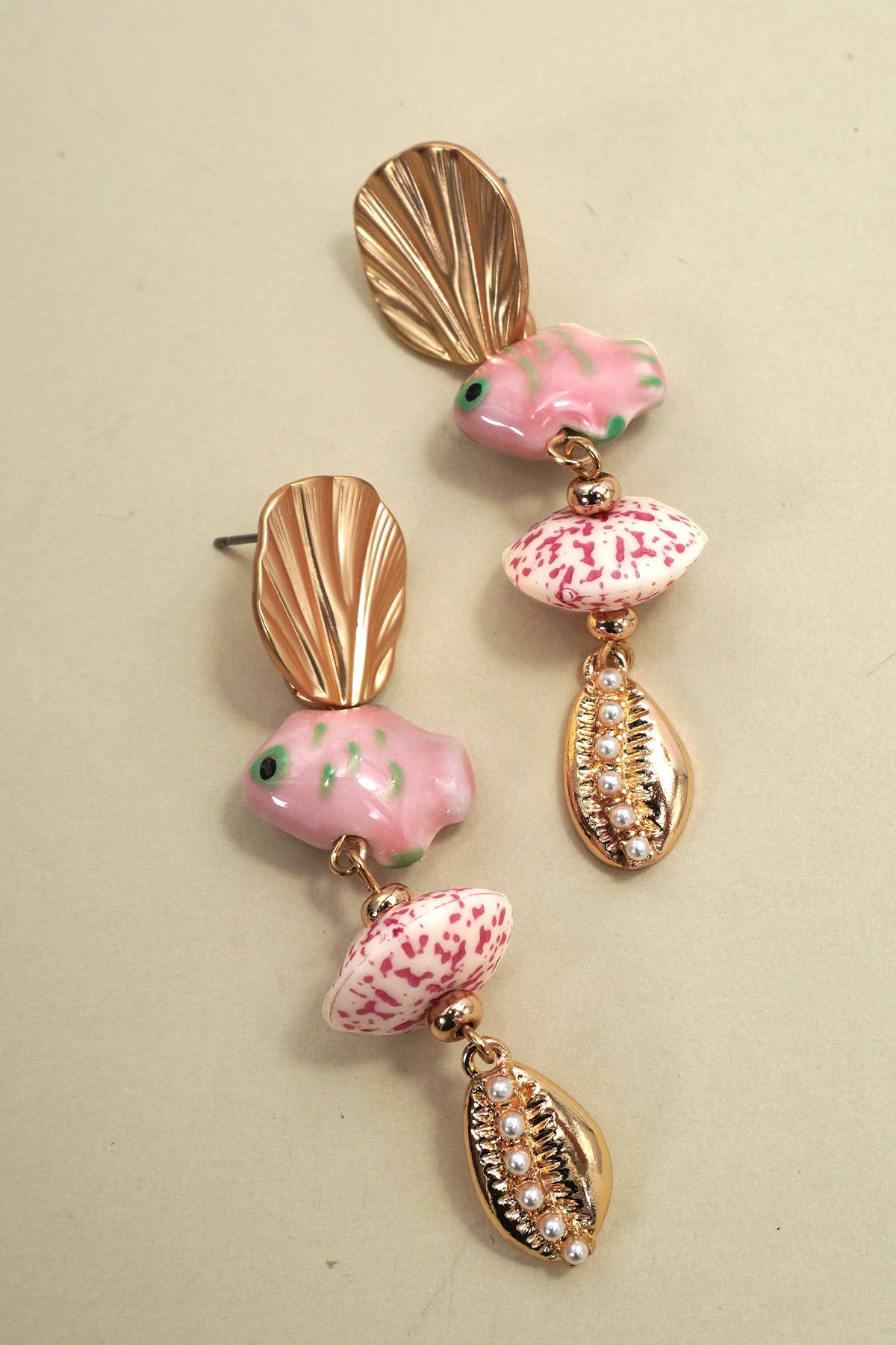 PINK CERAMIC PORCELAIN FISH DROP EARRINGS | GOLD