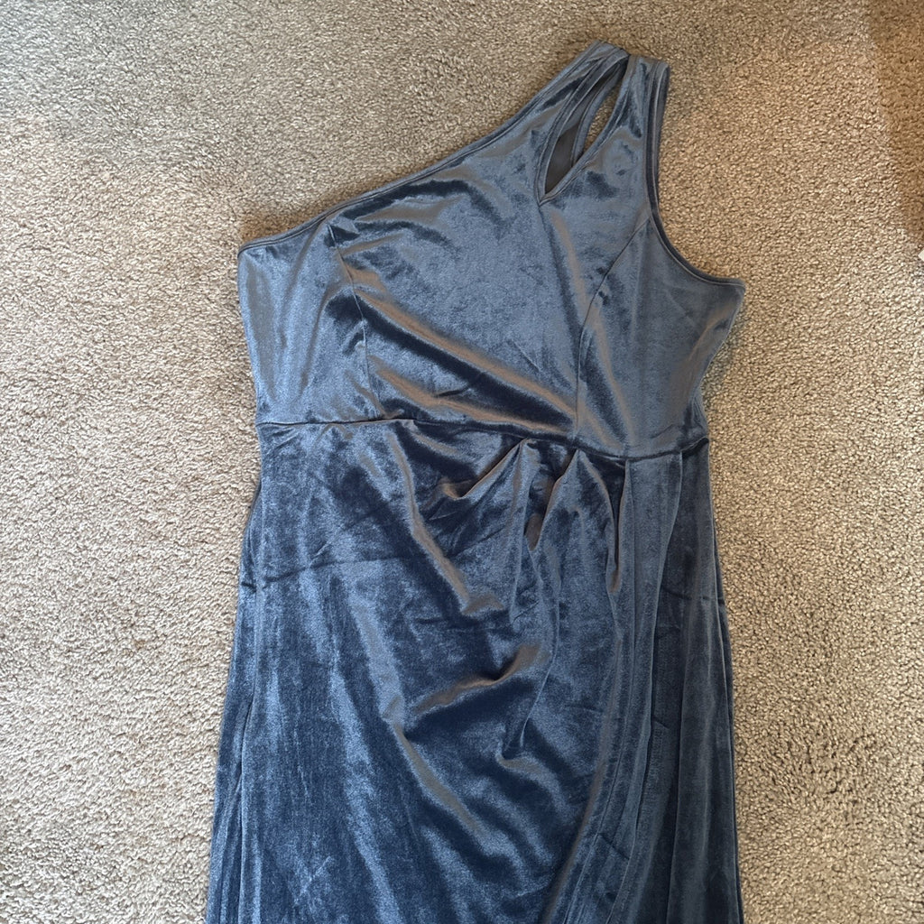 MEROKEETY One Shoulder Ruched Icr Blue holiday Bodycon Velvet-like Dress Slit LG