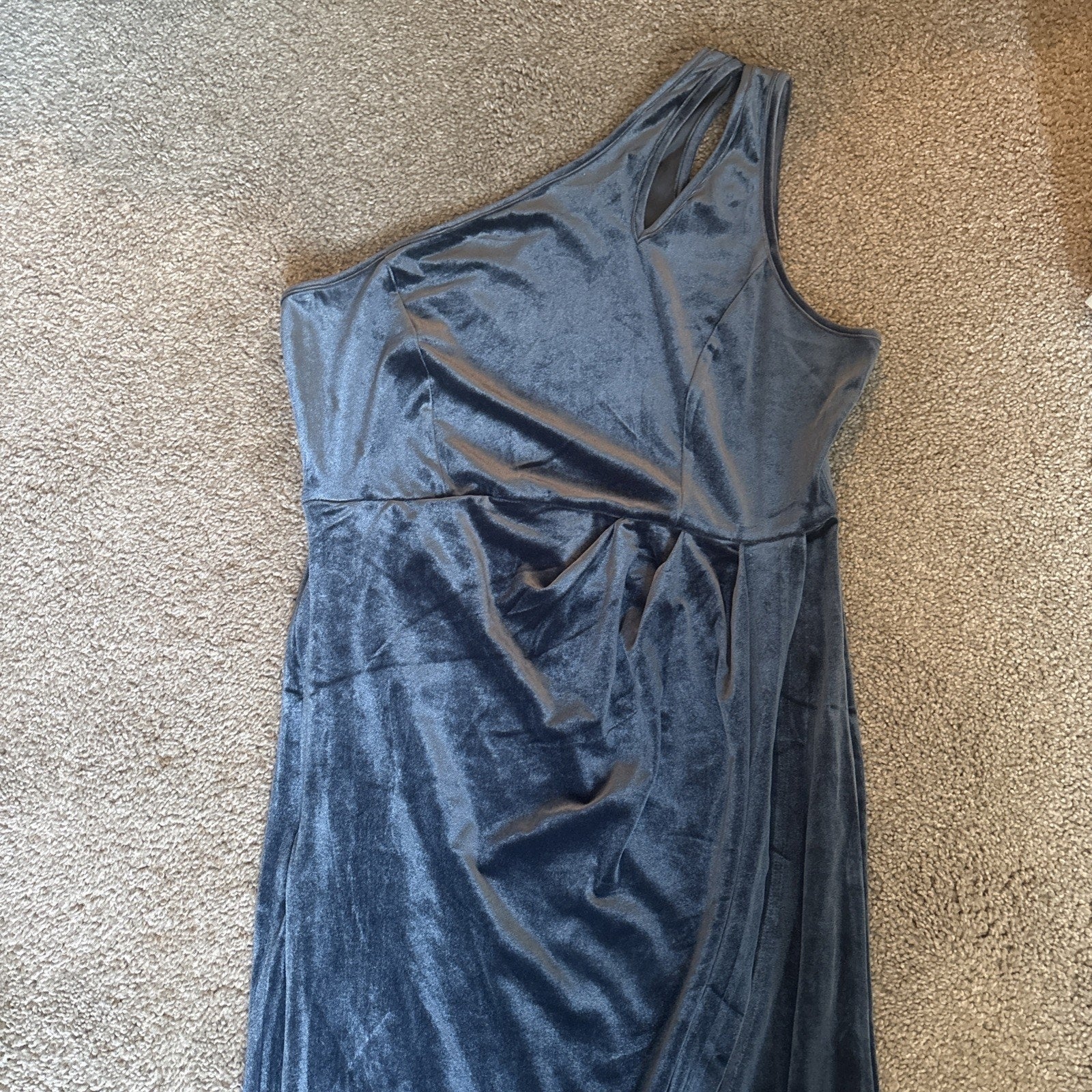 MEROKEETY One Shoulder Ruched Icr Blue holiday Bodycon Velvet-like Dress Slit LG