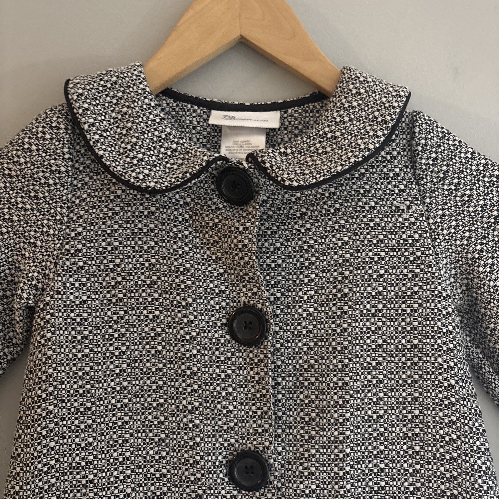 Vintage BONNIE JEAN TODDLER Coat Black Tweed, Velvet Bows. Lightweight. ￼Sz 4T