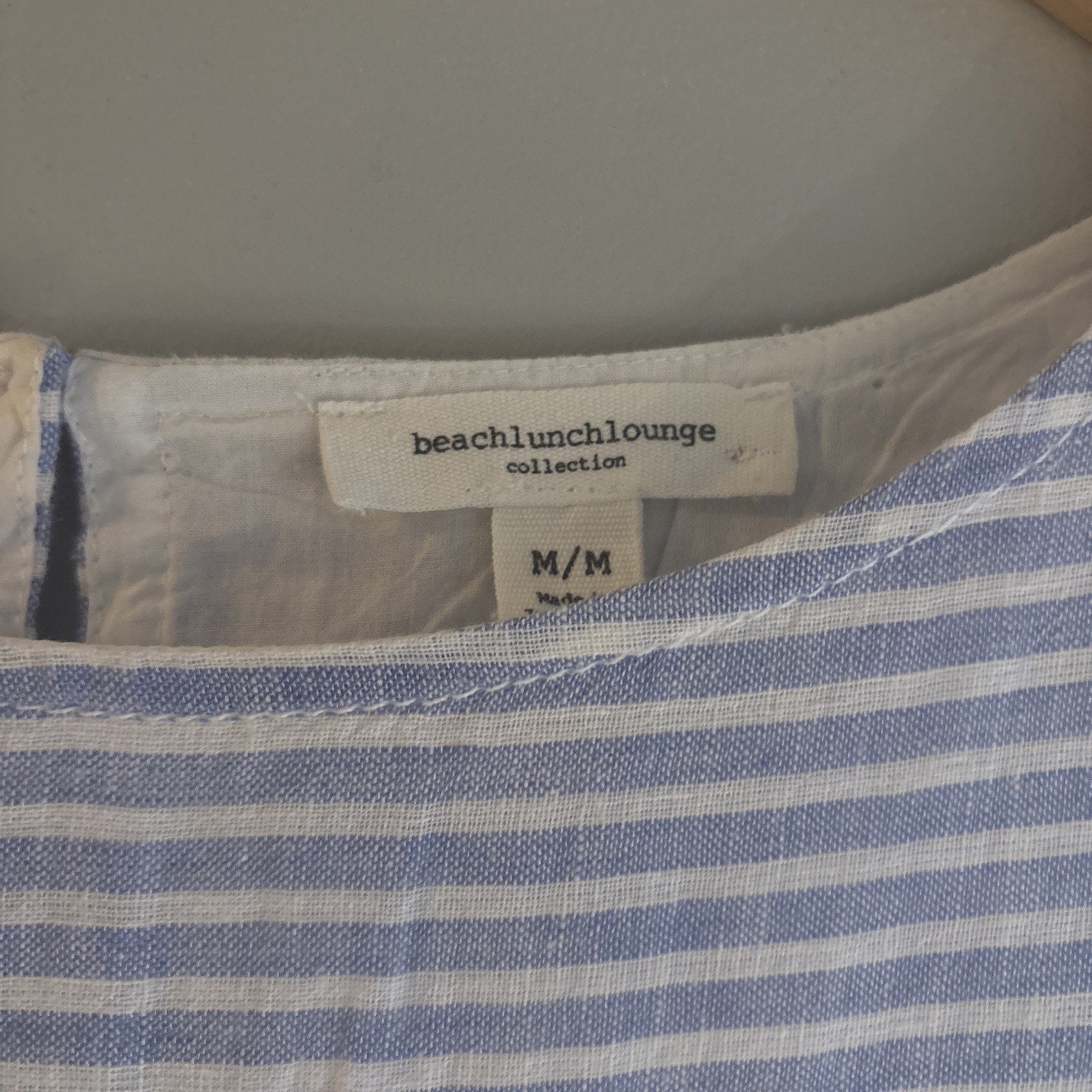 Beach Lunch Lounge Sleeveless Shift Dress Womens M Blue White Stripe Linen Blend