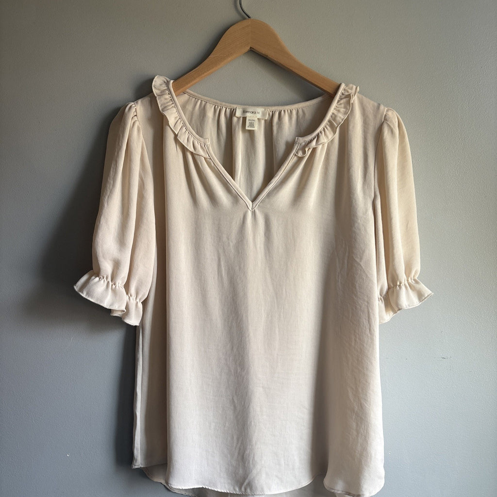 Tamara H. Womens V-neck ivory cream Ruffle Blouse Pink Size M