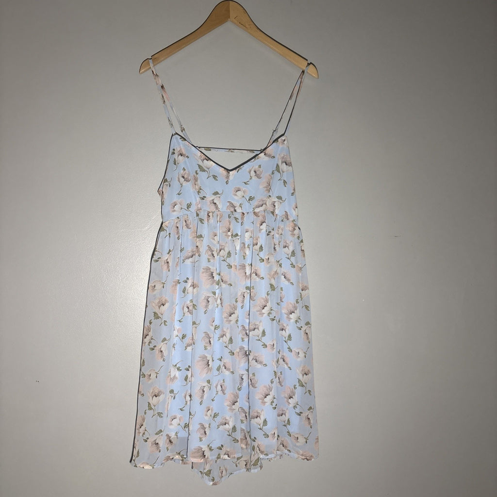 Light Blue & Blush Floral Mini Baby Doll Dress Sz S Open Back Spaghetti Strap