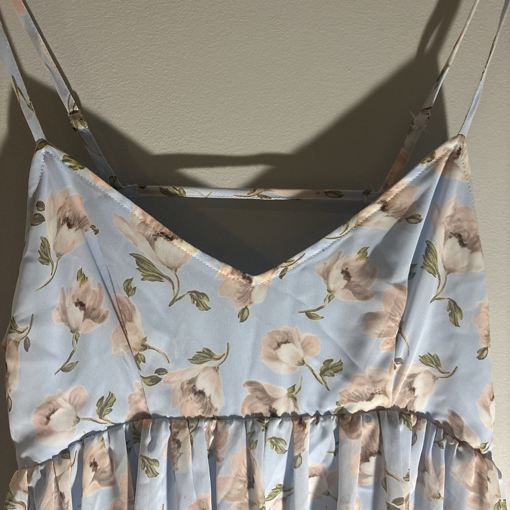 Light Blue & Blush Floral Mini Baby Doll Dress Sz S Open Back Spaghetti Strap