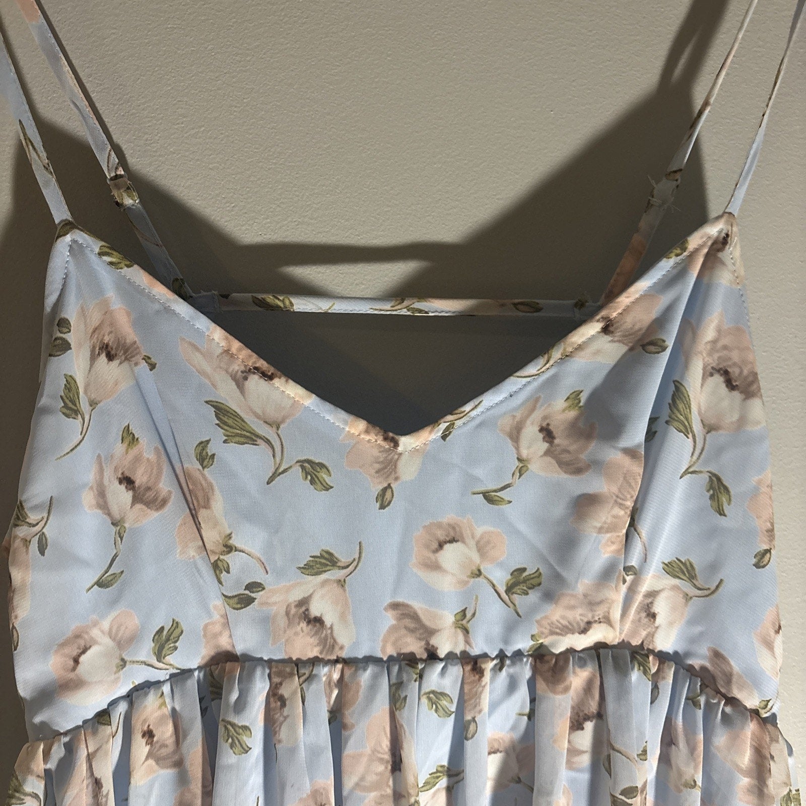 Light Blue & Blush Floral Mini Baby Doll Dress Sz S Open Back Spaghetti Strap