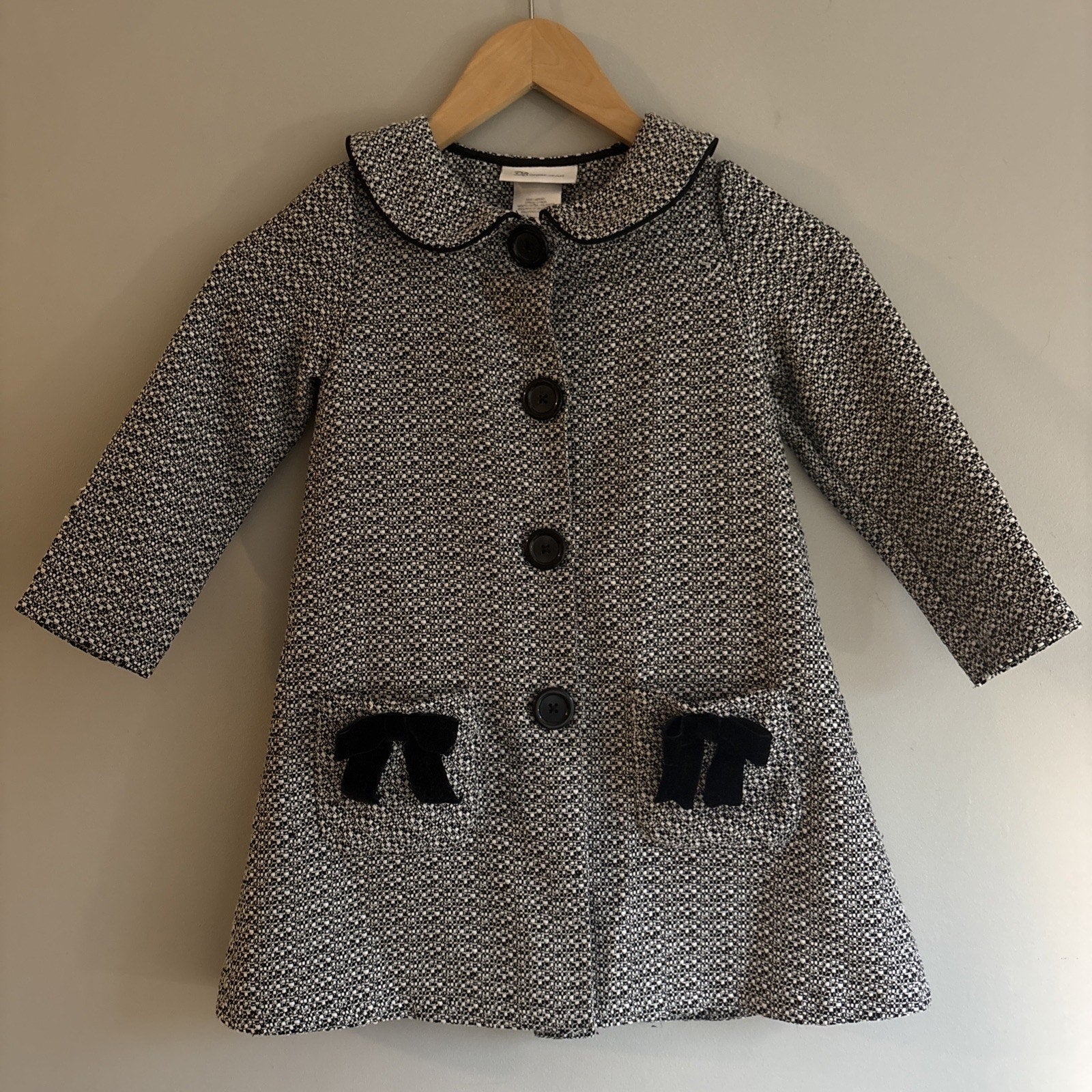 Vintage BONNIE JEAN TODDLER Coat Black Tweed, Velvet Bows. Lightweight. ￼Sz 4T