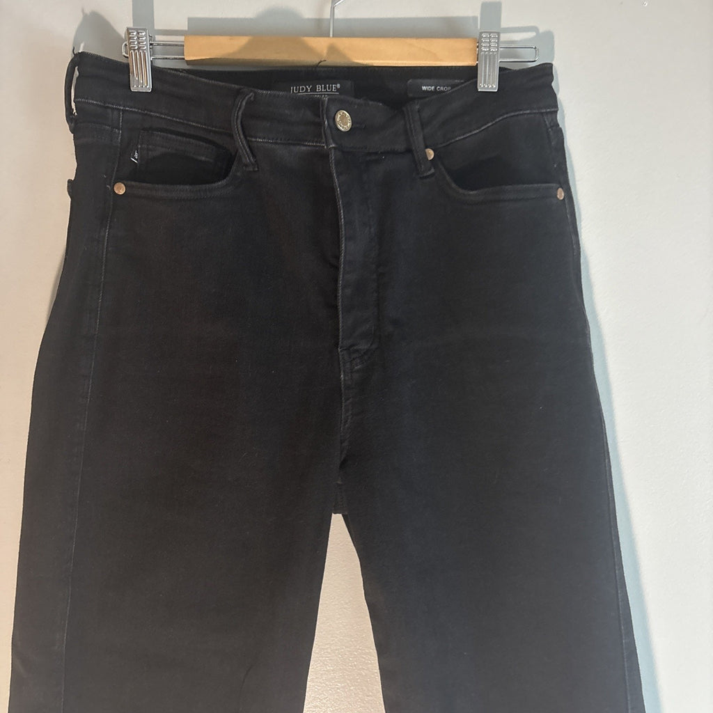 Judy Blue Jeans Women 31 Black Wide Leg Crop High Waist Stretch Boho Raw Hem
