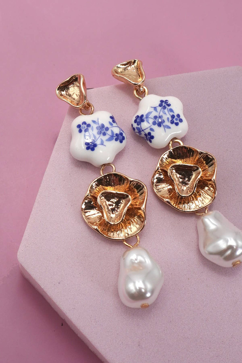 BLUE CERAMIC PORCELAIN  GOLD PEARL DROP EARRINGS | Gold