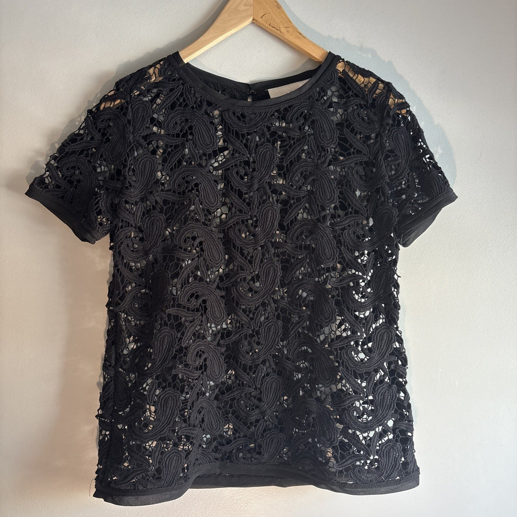 Ann Taylor Loft Womens Top SP Petite Black Round Neck Short Sleeve See Through