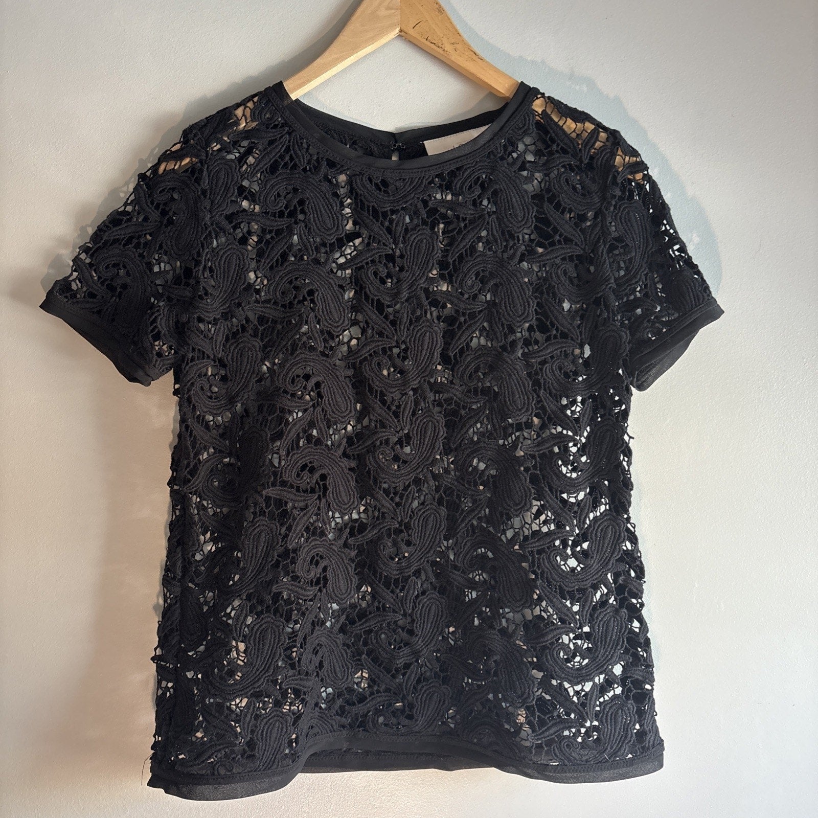 Ann Taylor Loft Womens Top SP Petite Black Round Neck Short Sleeve See Through