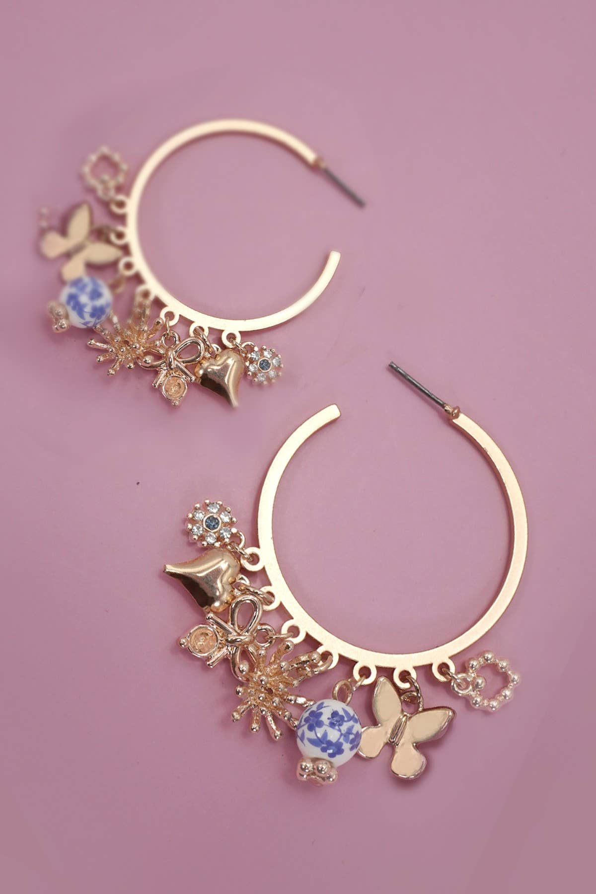 BLUE CERAMIC PORCELAIN MULTI CHARM HOOP EARRINGS | Gold