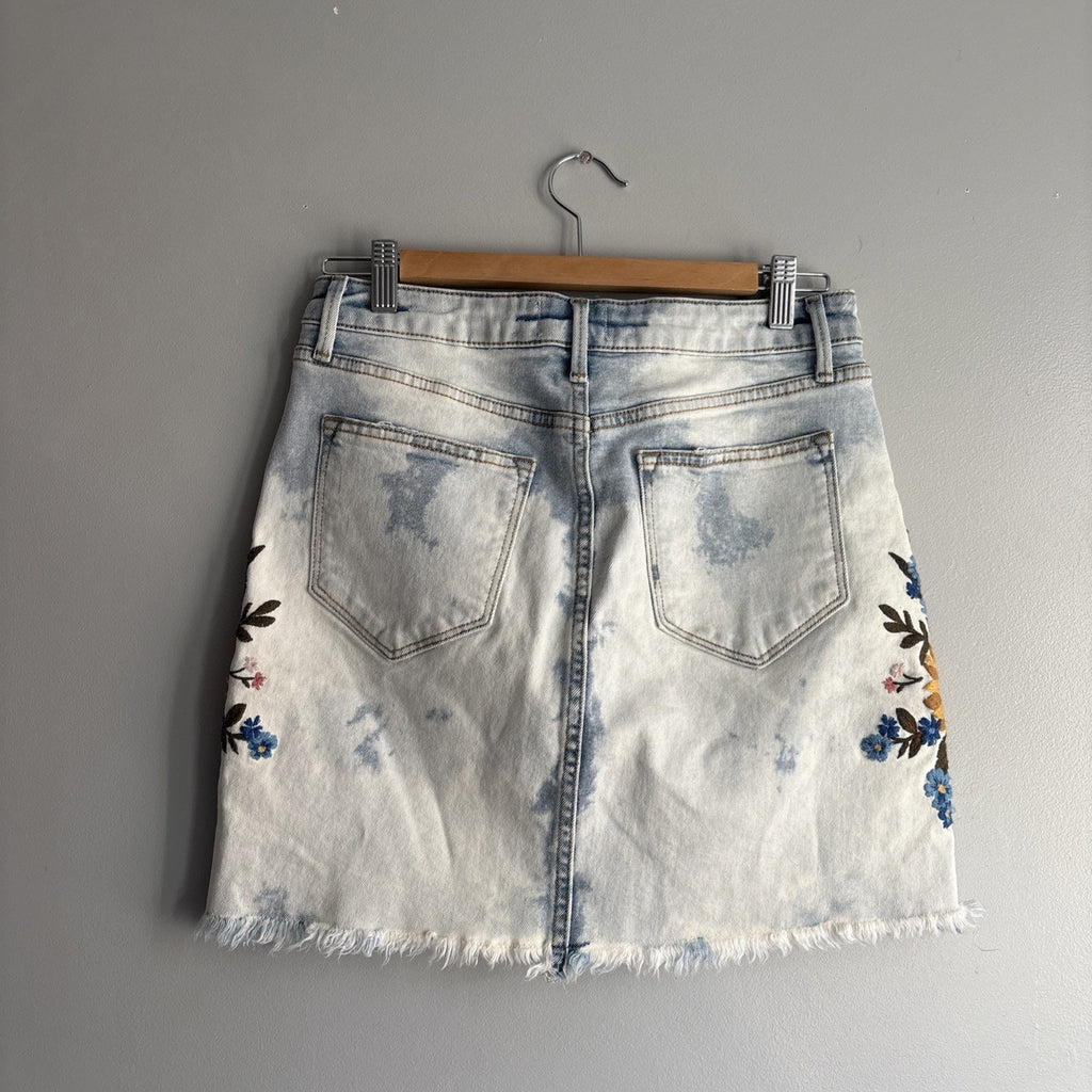 Driftwood Ruby Blue Denim Embroidered mini skirt sz 27 Free People Anthroplogie