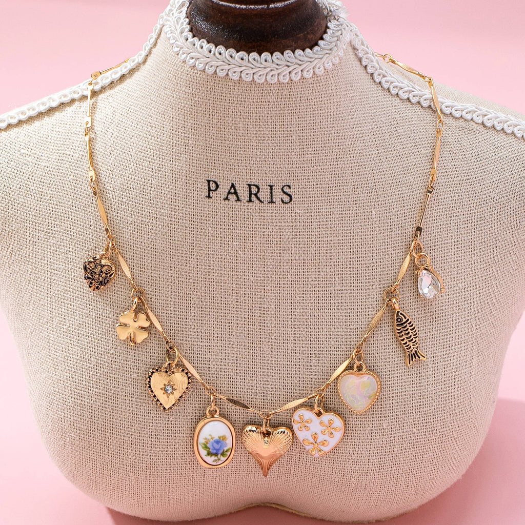 CHARM NECKLACE-HEARTS PORCELAIN FISH RHINESTONE |  GOLD