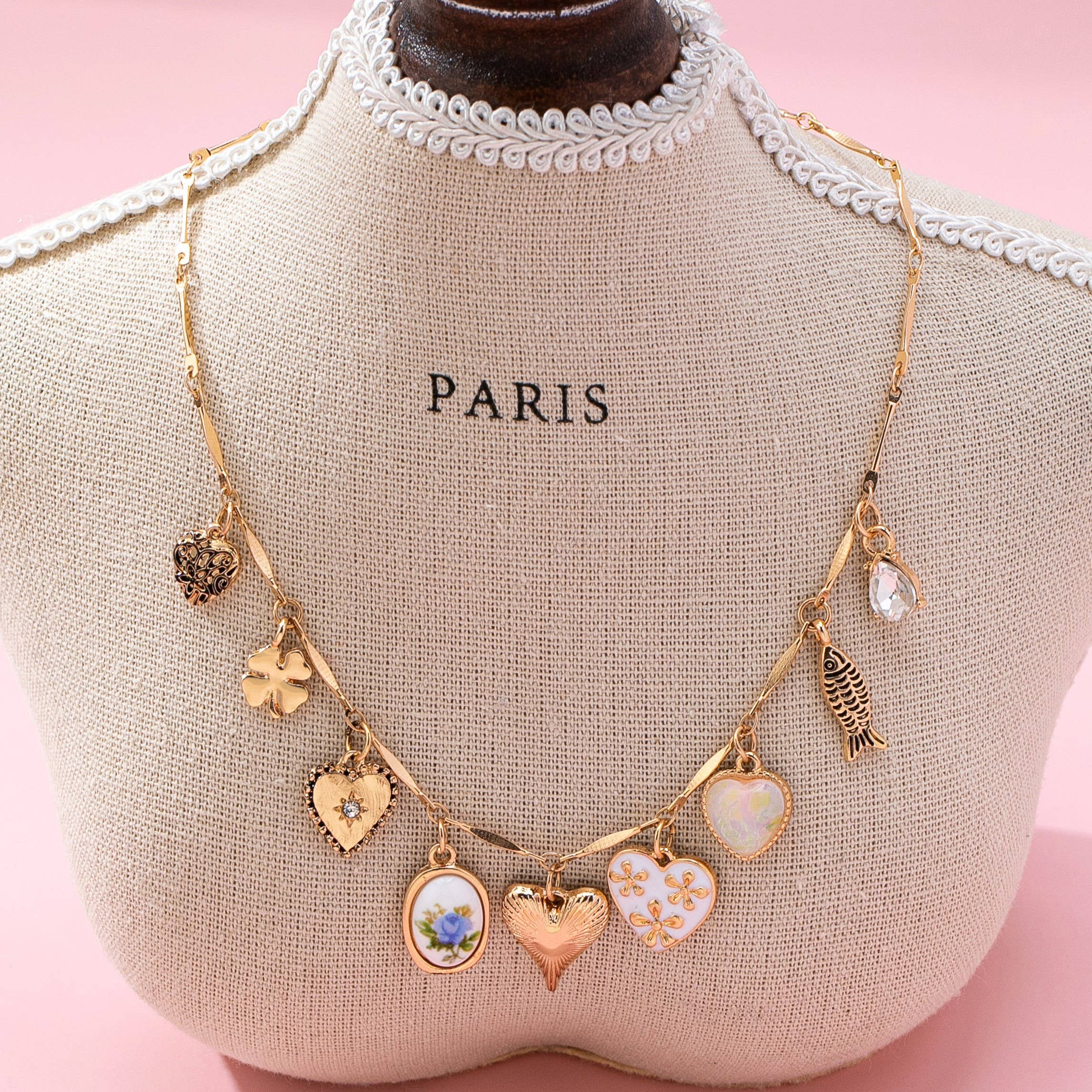 CHARM NECKLACE-HEARTS PORCELAIN FISH RHINESTONE |  GOLD
