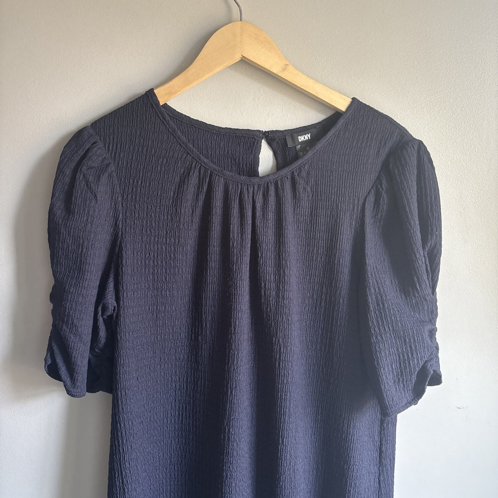 DKNY Blue Navy Short Puff Sleeve Trapeze Dress Size 10 Crinkle Fabric