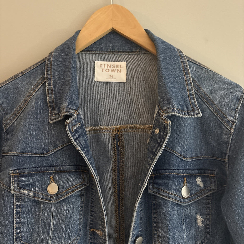 TINSEL TOWN Women's Distressed Western Denim Blue Jean Jacket M