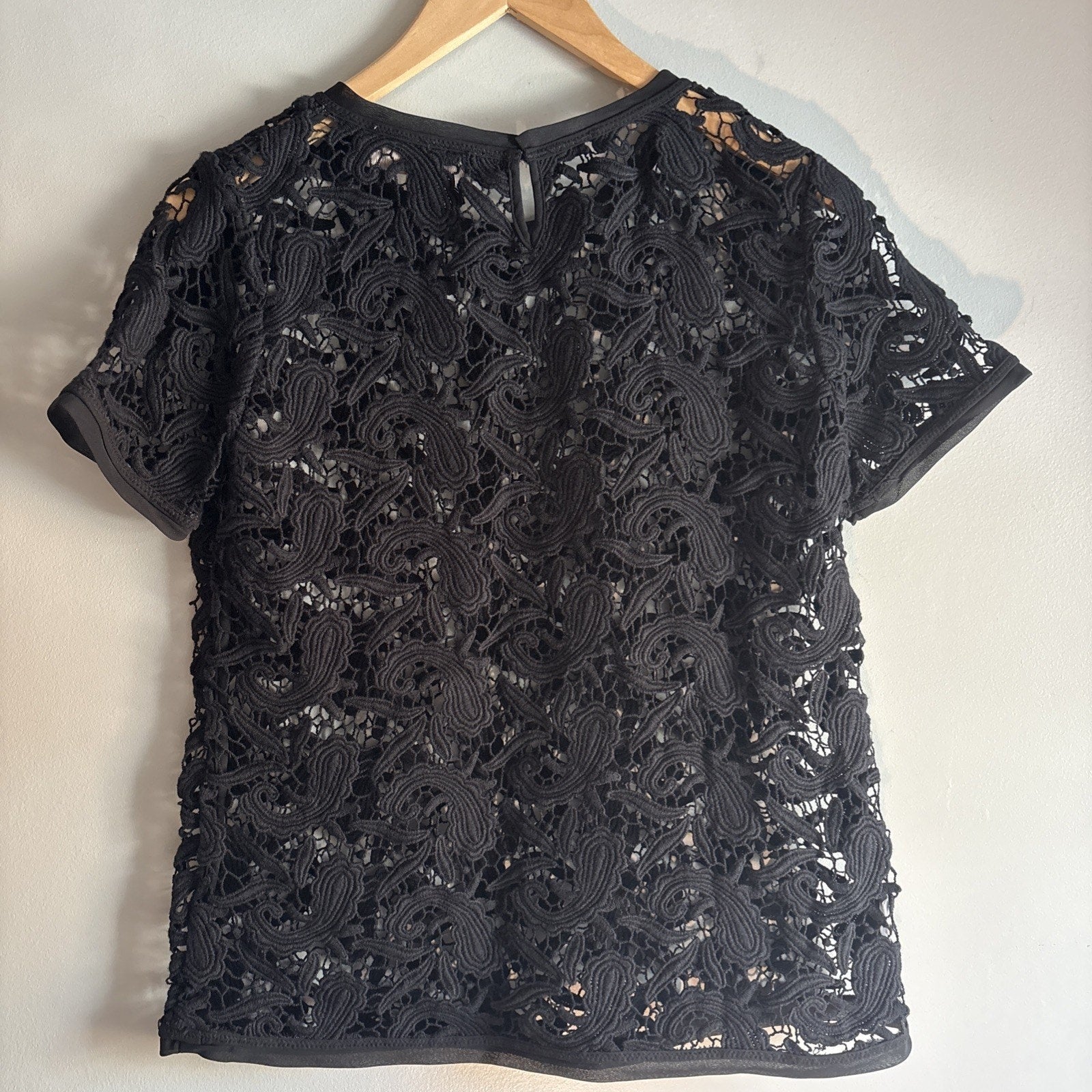 Ann Taylor Loft Womens Top SP Petite Black Round Neck Short Sleeve See Through