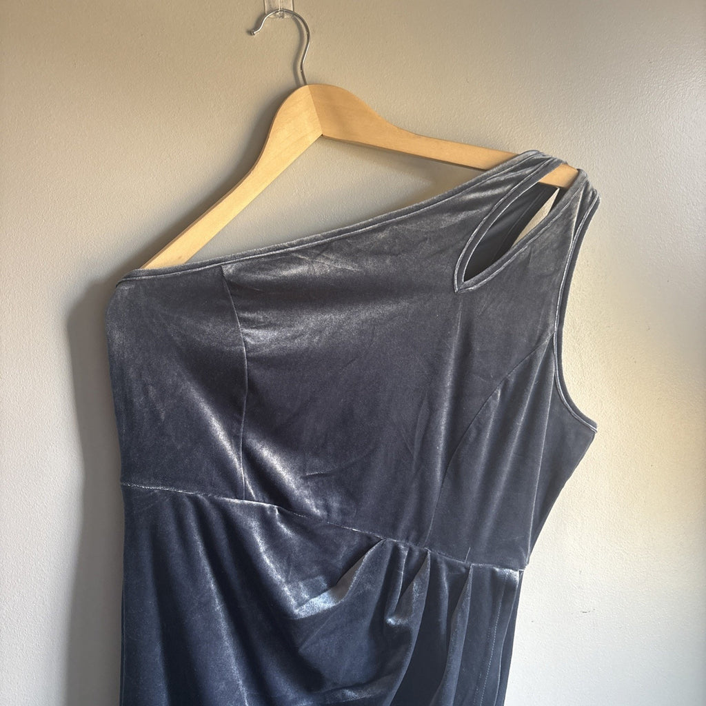 MEROKEETY One Shoulder Ruched Icr Blue holiday Bodycon Velvet-like Dress Slit LG