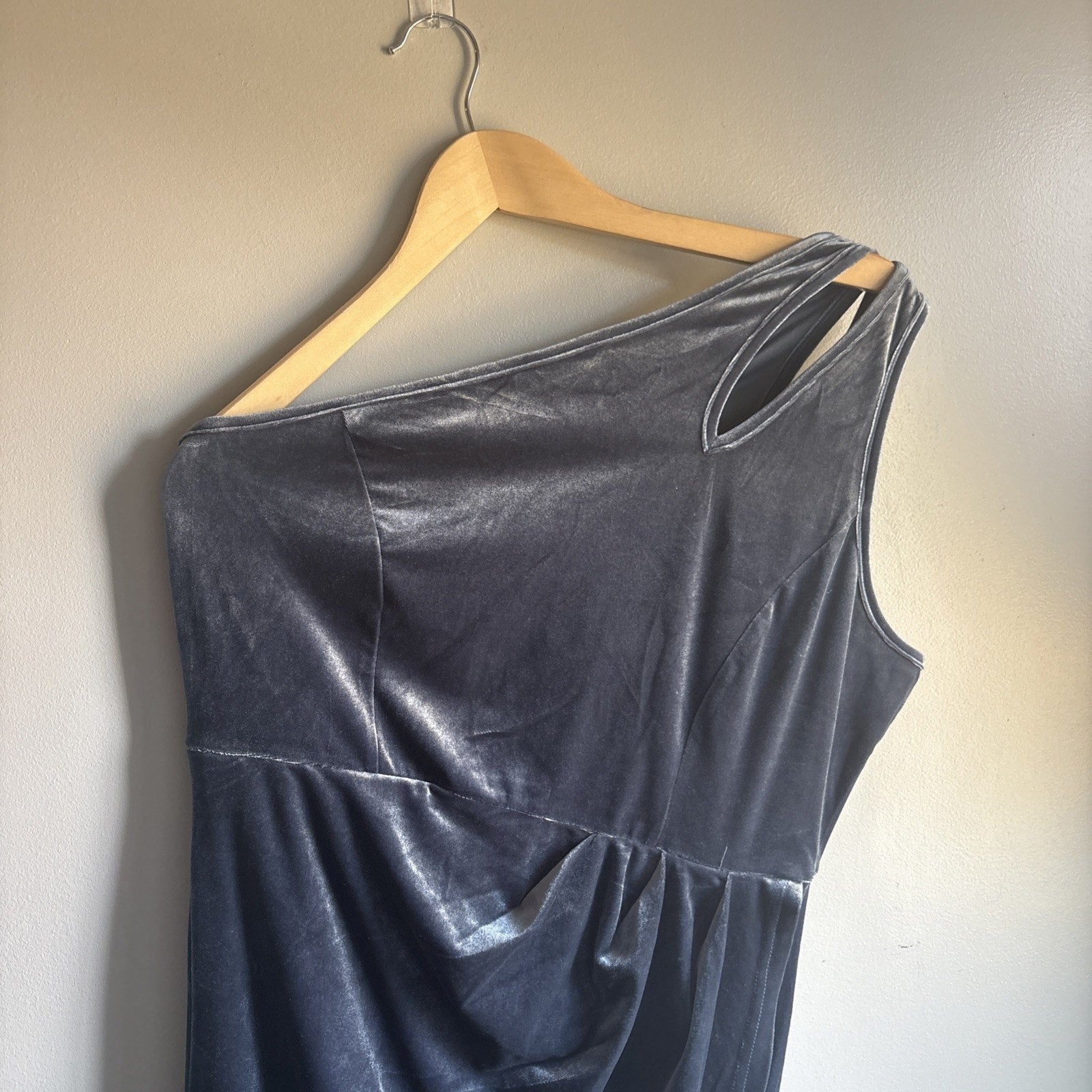 MEROKEETY One Shoulder Ruched Icr Blue holiday Bodycon Velvet-like Dress Slit LG