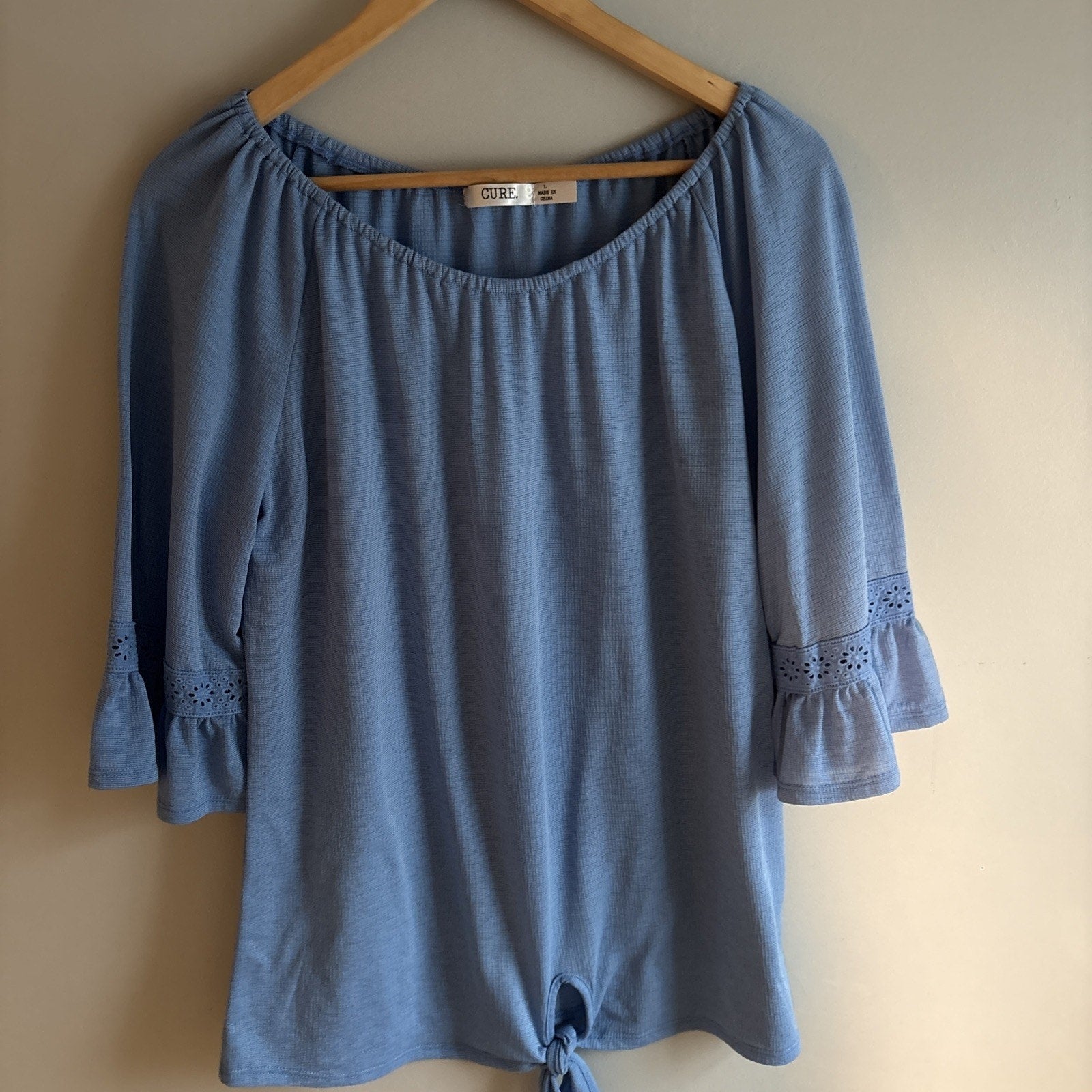 Blue Women’s Blouse Tie Front Ruffle Sleeves 3/4 Size L Free Shipping