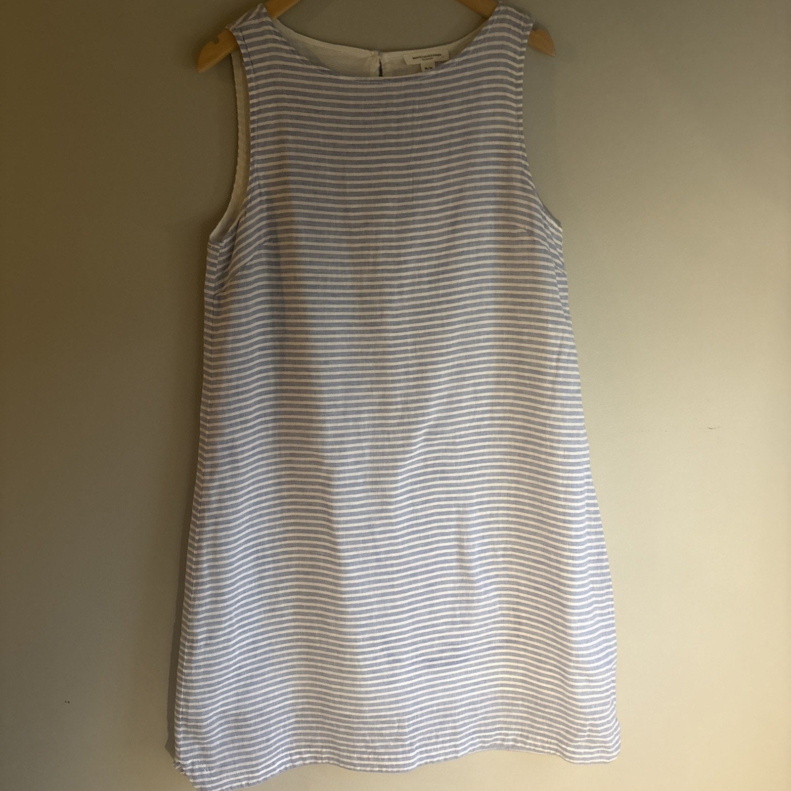 Beach Lunch Lounge Sleeveless Shift Dress Womens M Blue White Stripe Linen Blend