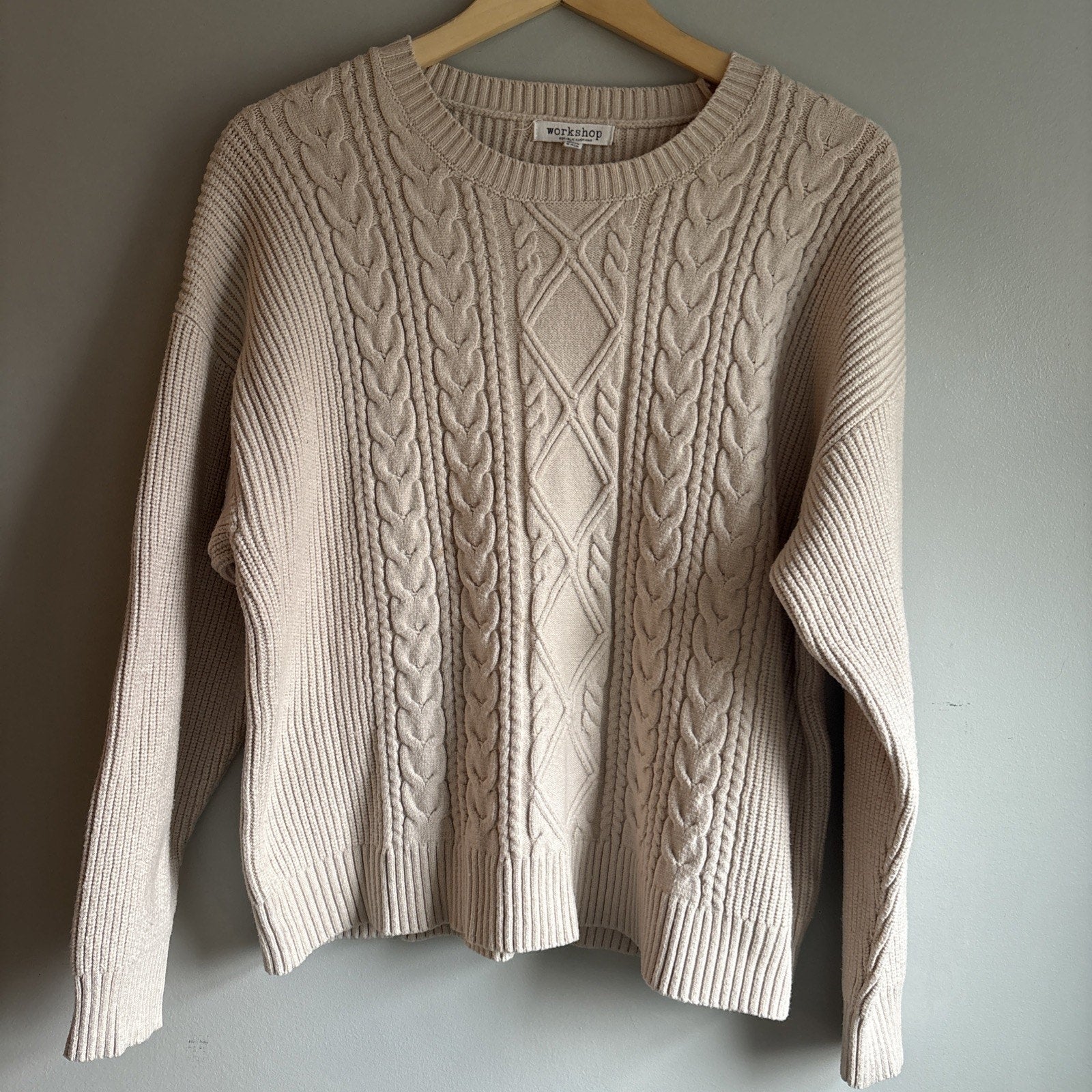 Workshop Republic clothing XL sweater Cable Knit beige Crew Neck Classic Preppy
