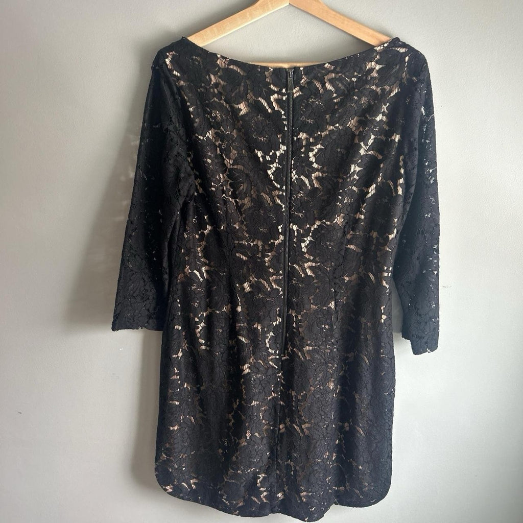 New Womens Vince Camuto Black Floral Lace Tan Sheath Side Slit Dress Size 12