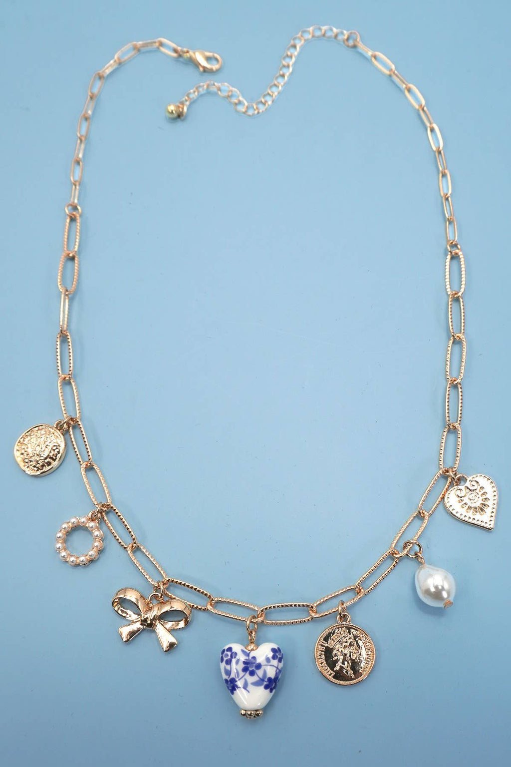 CERAMIC PORCELAIN BOW HEART CHARM LINK NECKLACE |  Gold
