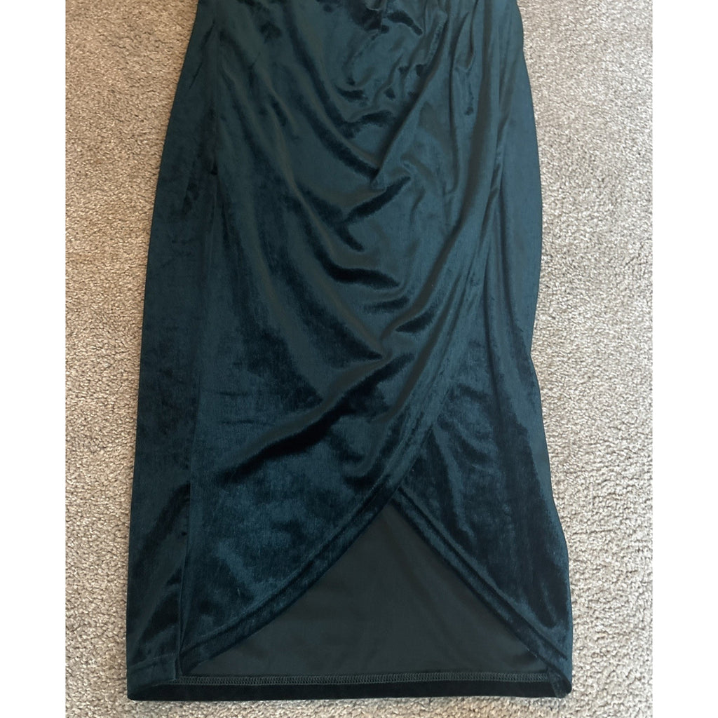 MEROKEETY One Shoulder Ruched Bodycon Velvet-like Holiday Green Dress Slit LG
