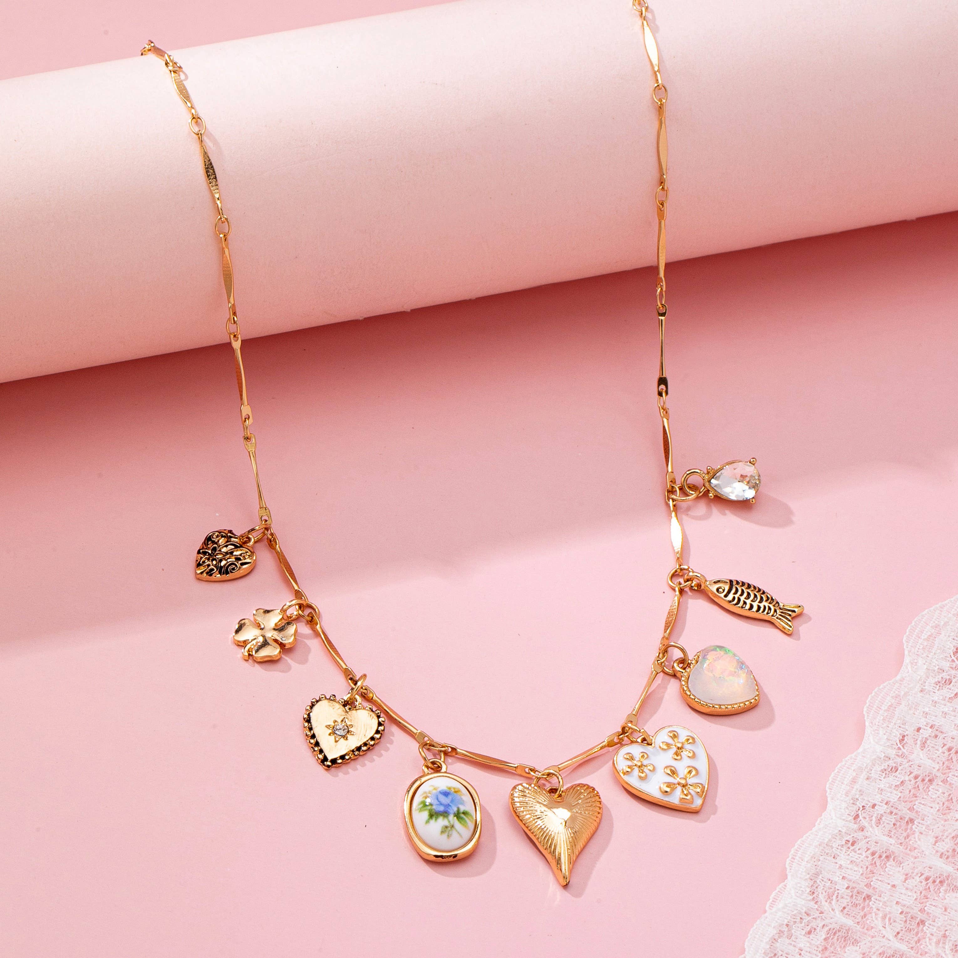 CHARM NECKLACE-HEARTS PORCELAIN FISH RHINESTONE |  GOLD