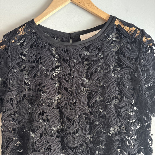 Ann Taylor Loft Womens Top SP Petite Black Round Neck Short Sleeve See Through