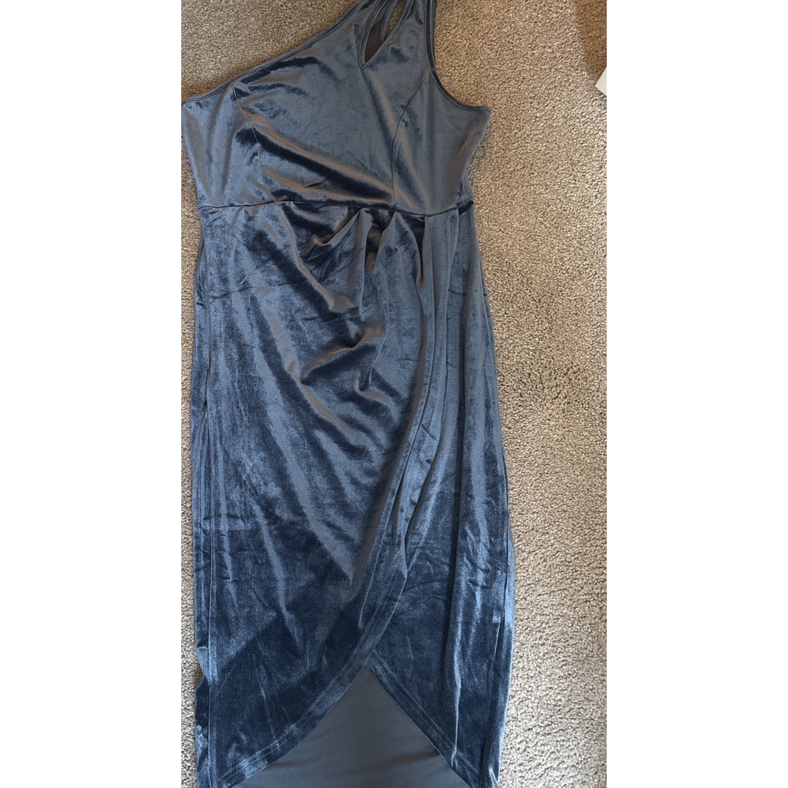MEROKEETY One Shoulder Ruched Icr Blue holiday Bodycon Velvet-like Dress Slit LG