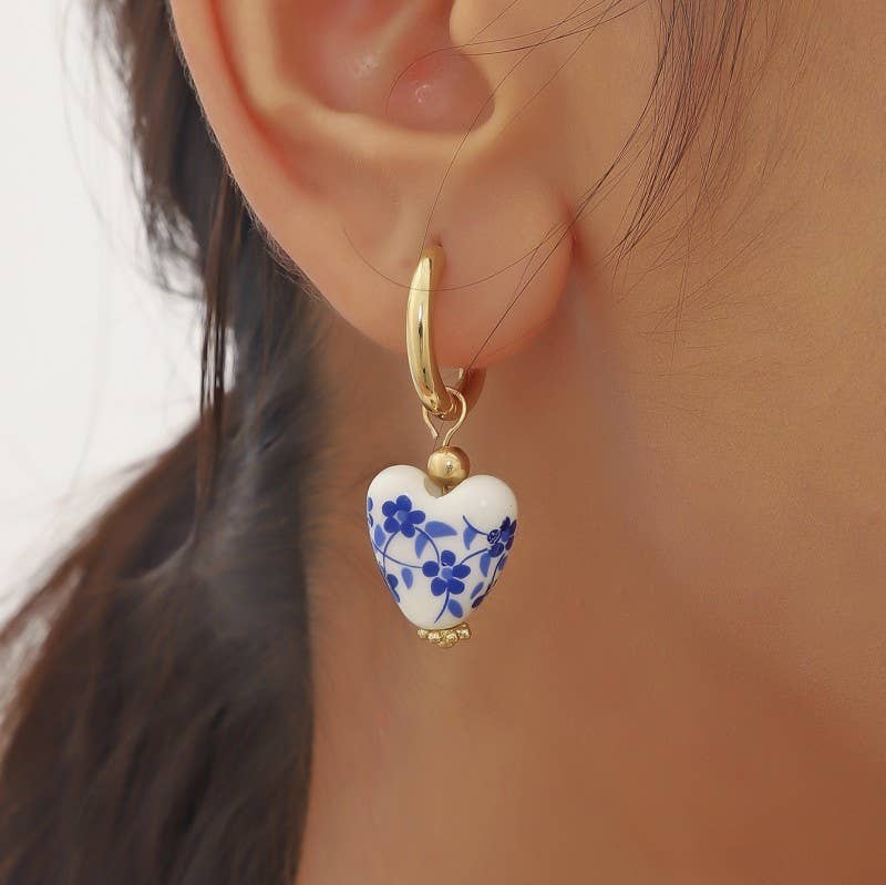 BLUE CERAMIC PORCELAIN  GOLD PEARL DROP EARRINGS