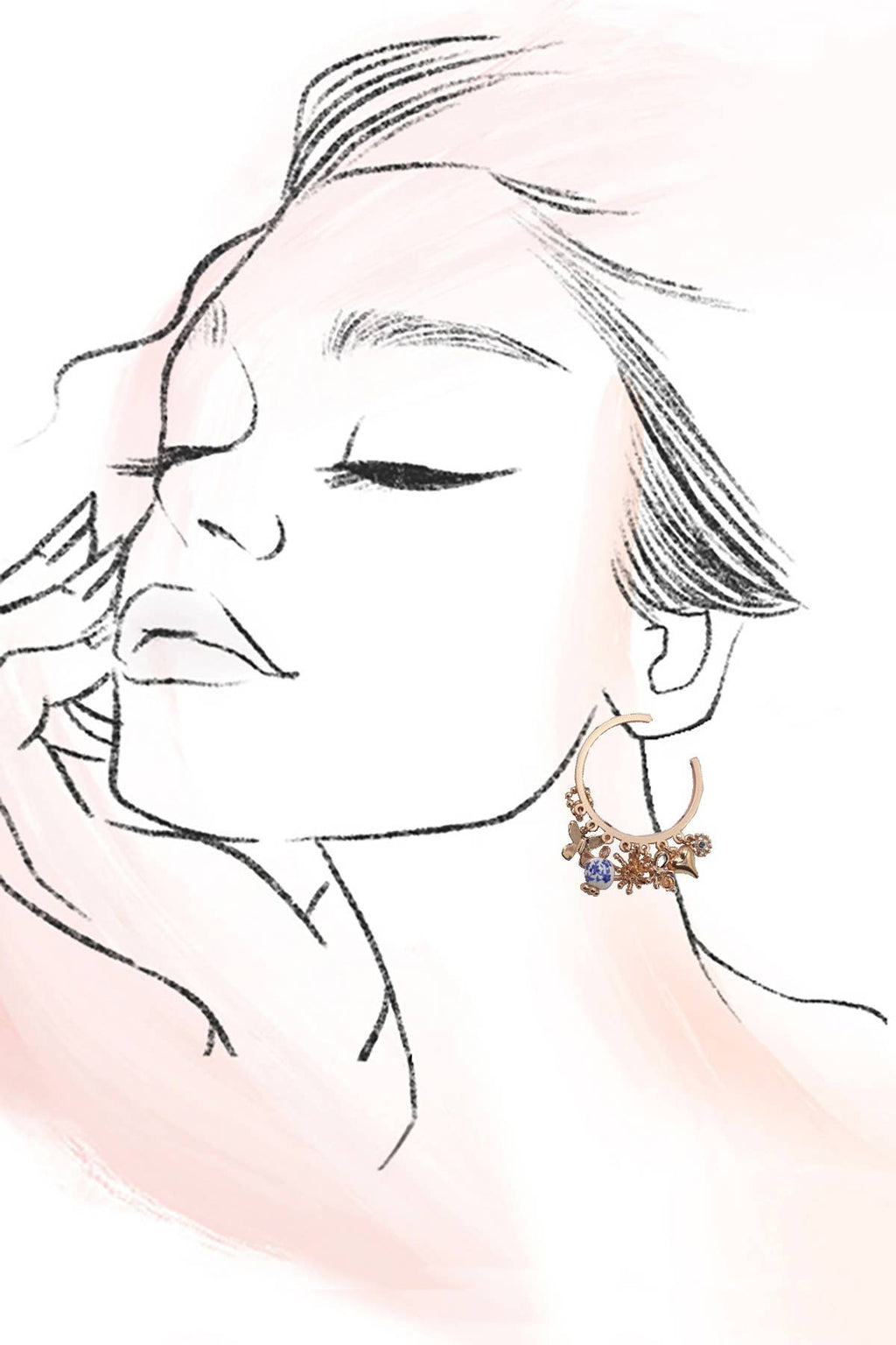 BLUE CERAMIC PORCELAIN MULTI CHARM HOOP EARRINGS | Gold