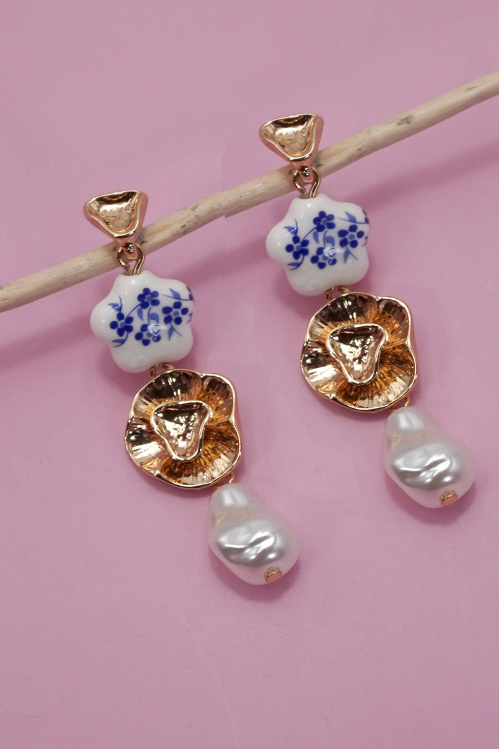 BLUE CERAMIC PORCELAIN  GOLD PEARL DROP EARRINGS | Gold